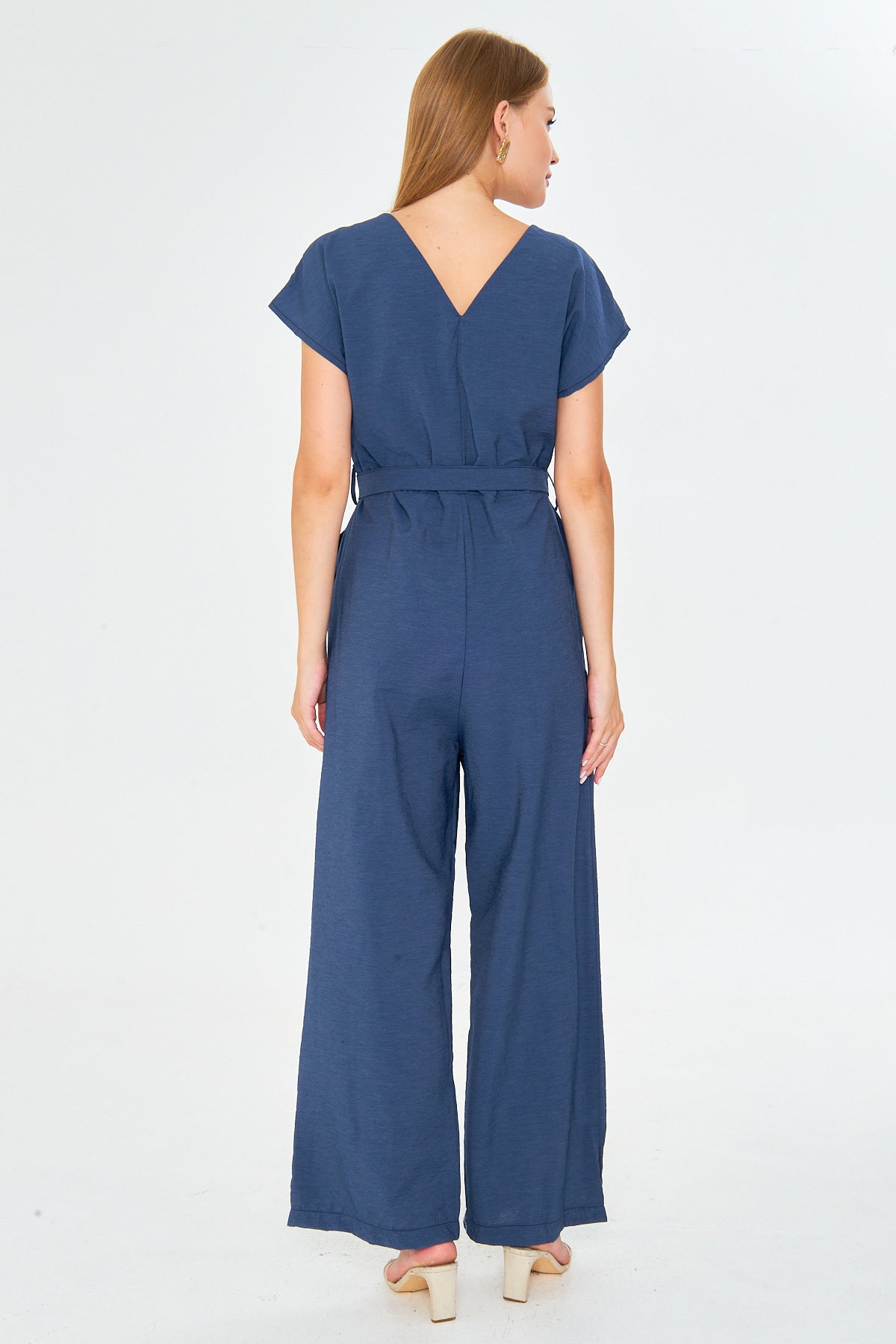Women's Dark Blue Double Breasted Collar Back V Detailed Pocket Belted Wide Leg Jumpsuit ARM-24Y001073