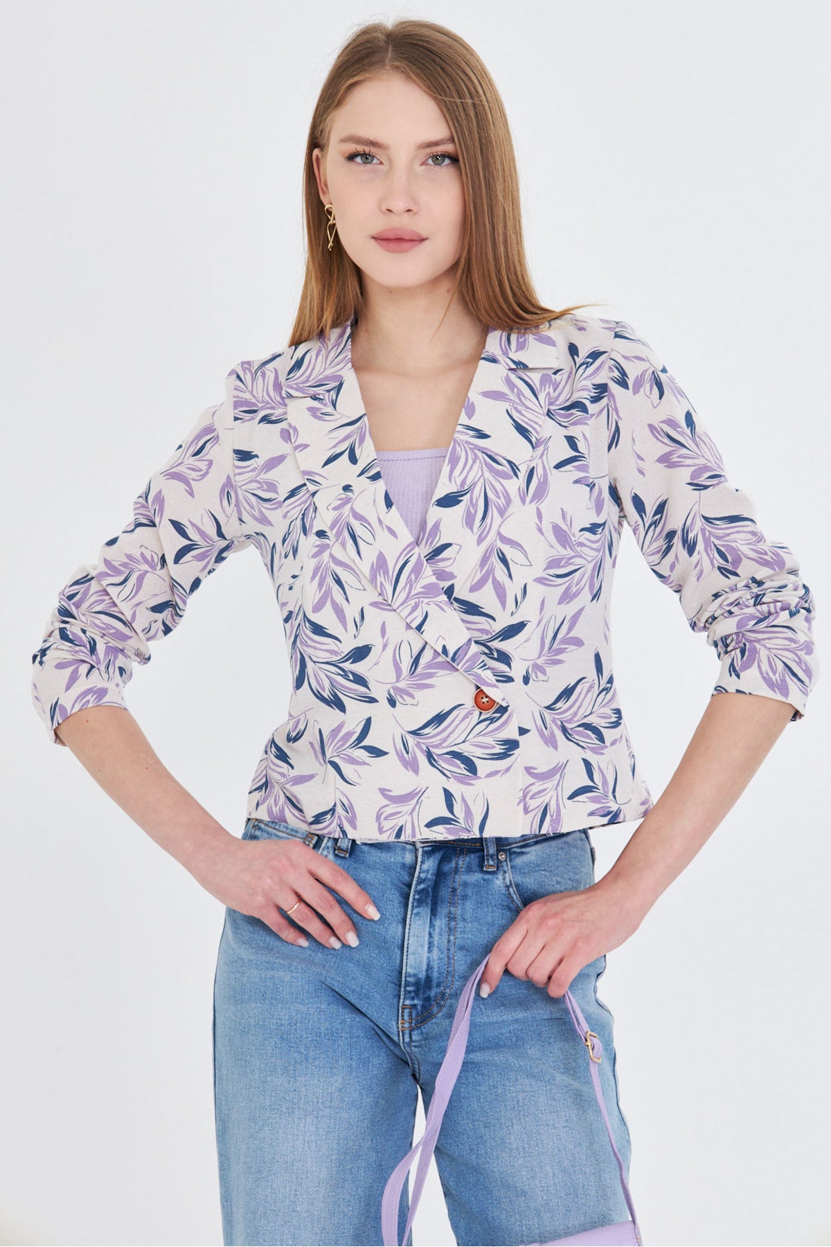 Women's Light Lilac Double Breasted Collar Patterned Crop Jacket ARM-24Y001058