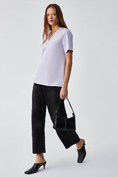 ALINE Women's 100% Organic Cotton Deep V-Neck Comfort Fit Lilac T-Shirt