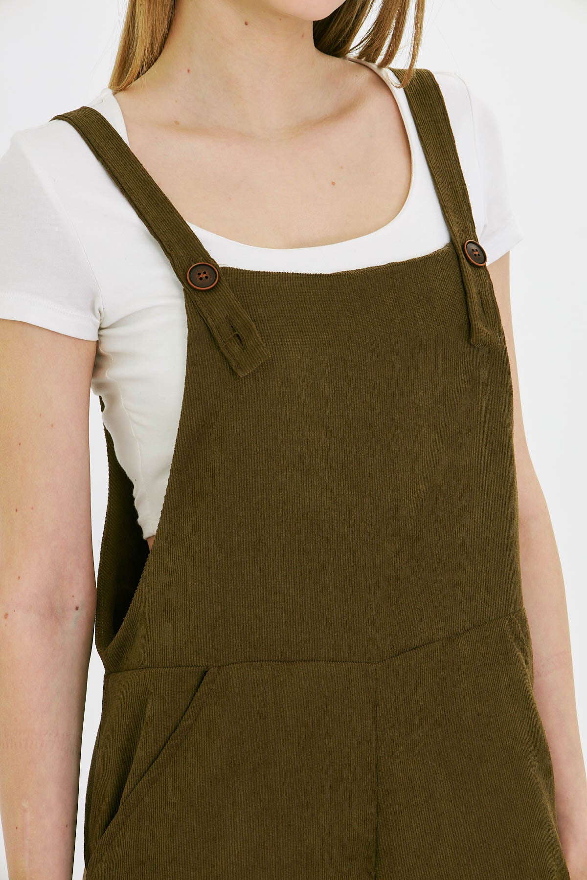 Women's Dark Khaki Velvet Pocketed Wide Leg Slim Ribbed Gardener Overalls ARM-25K001036