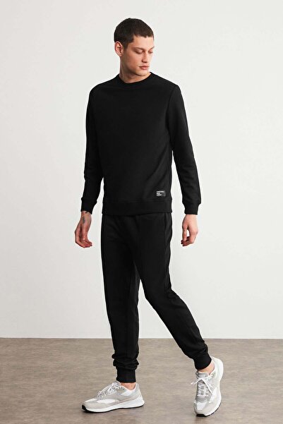 Fabian Men's Organic Cotton Ribbed Front, Inside Fleece Pocket Jogger Black Sweatpants