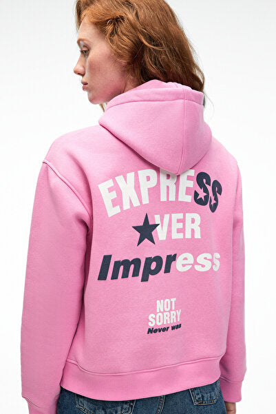 YUMEA Women's Oversize Hooded Printed Pink Sweatshirt