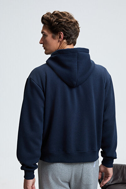 ASHBY Men's Hooded, Zippered Pocket, Drawstring Regular Fit Navy Blue Sweatshirt