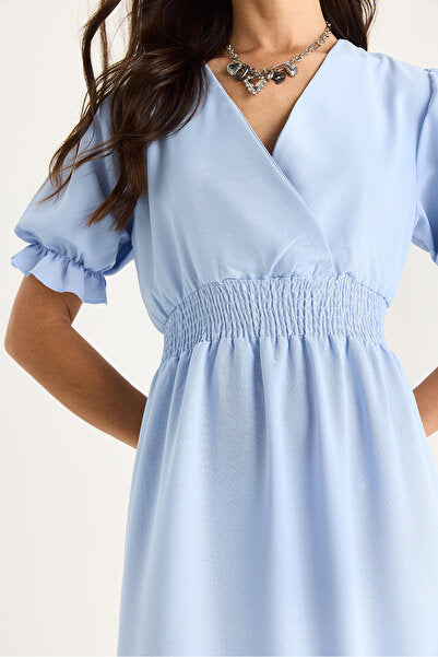 Women's Double Breasted Collar Waist Gipe Detailed Sleeves Elastic Dress 5246 60281076