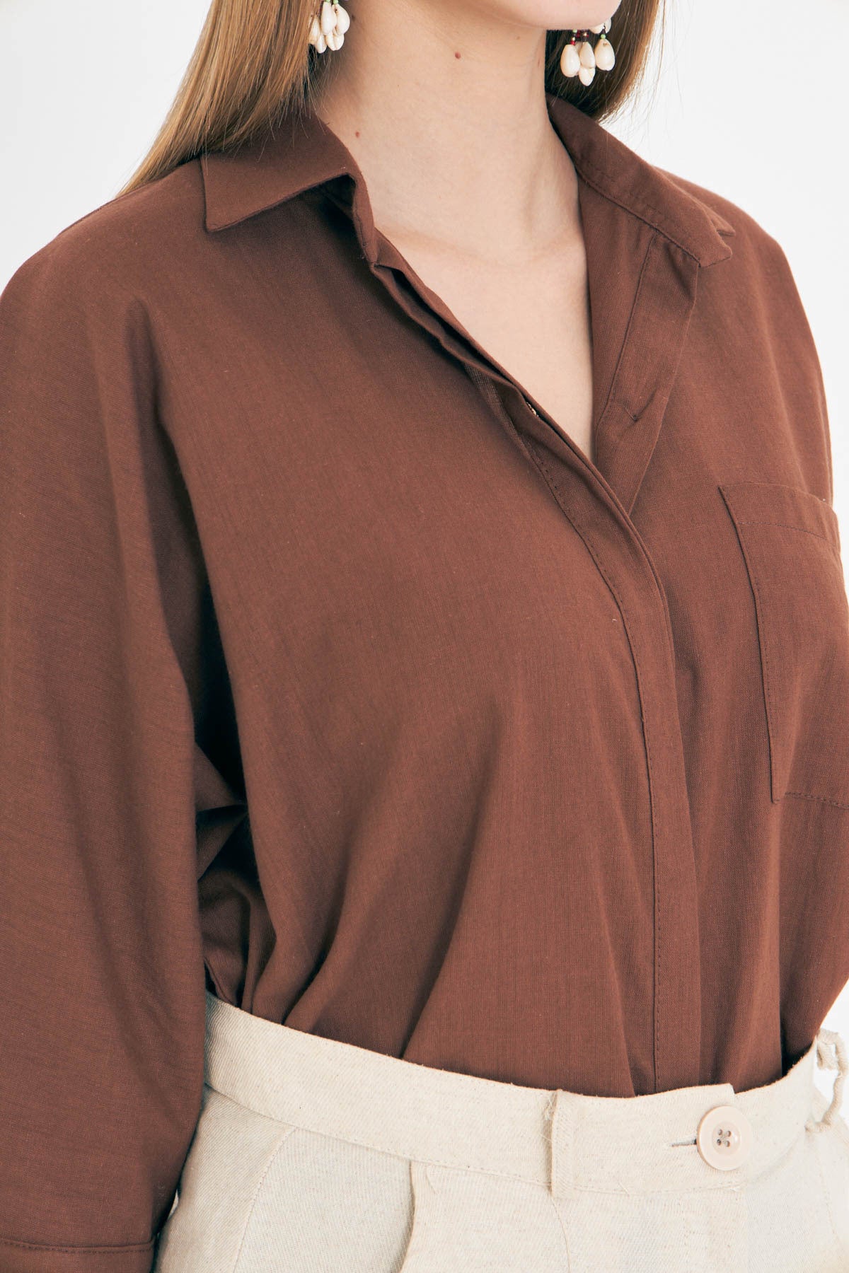Women's Dark Brown Loose Linen Shirt with Pockets ARM-21Y001035