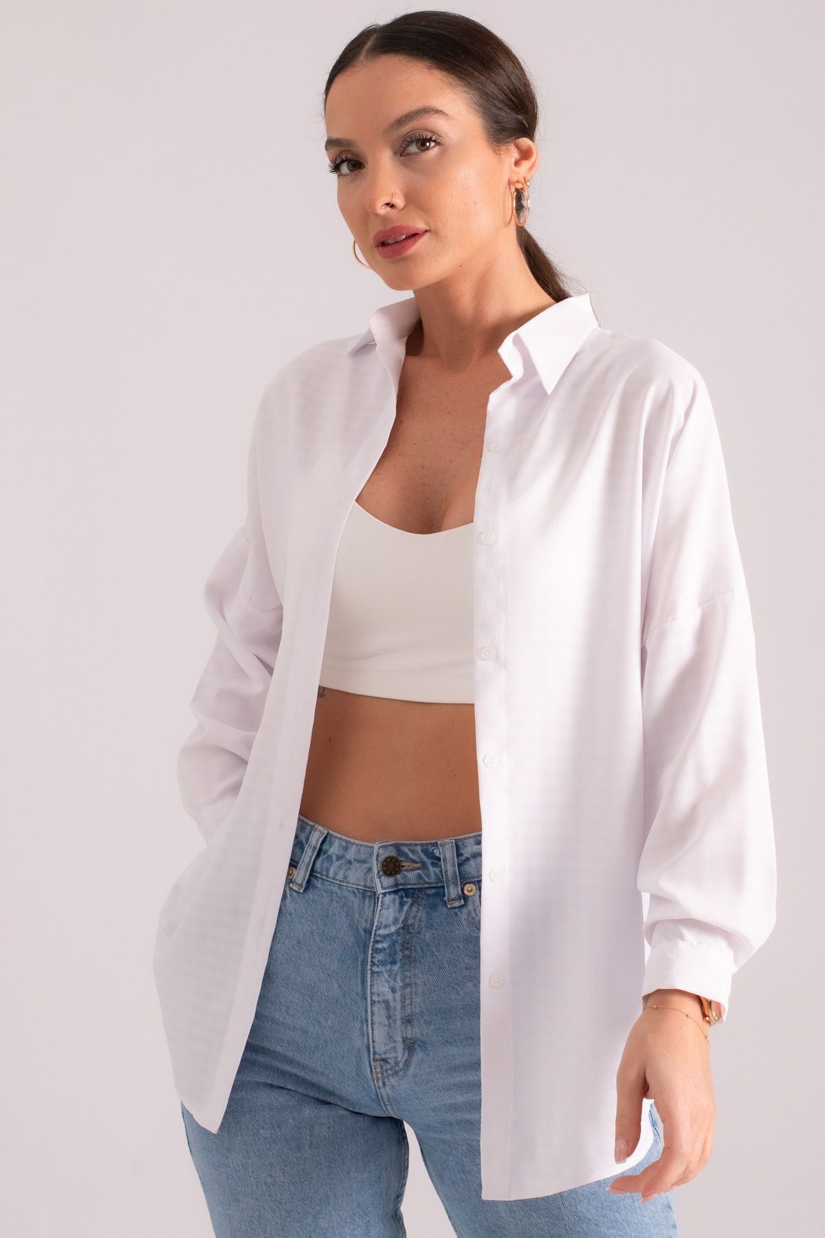 Women's White Square Pattern Oversize Long Basic Shirt ARM-22Y001187