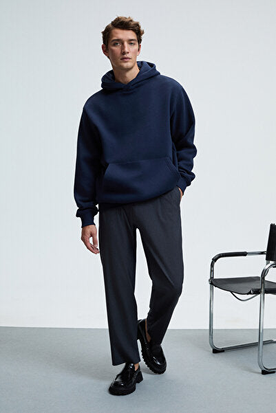 AMOS Men's Soft Fabric 3 Thread Oversize Hooded Kangaroo Pocket Navy Blue Sweatshirt