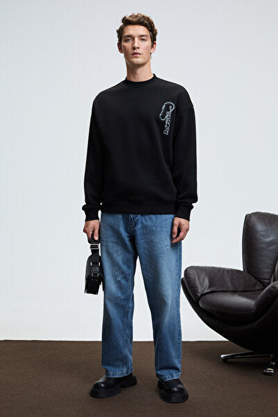 ALDEN Men's Round Neck Chest and Back Printed Relaxed Fit Black Sweatshirt