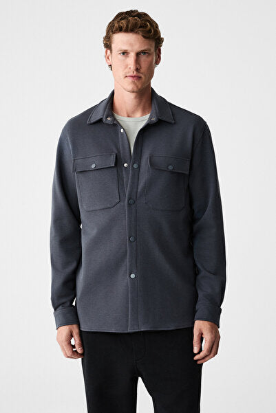 MAZE Men's Special Textured Thick Fabric Anthracite Jacket with Pockets and Snap Fasteners