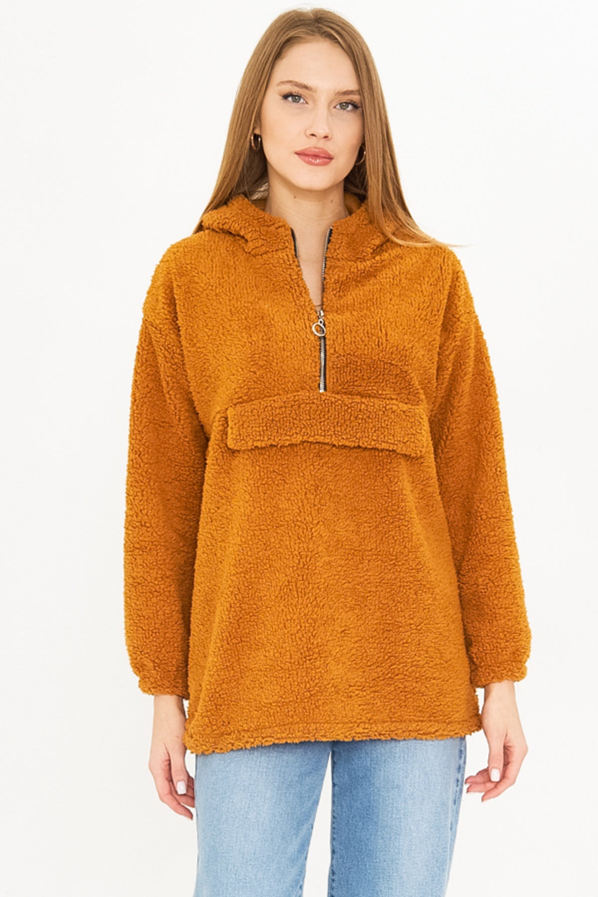 Women's Camel Hooded Plush Sweatshirt with Pocket Cover ARM-25K001090