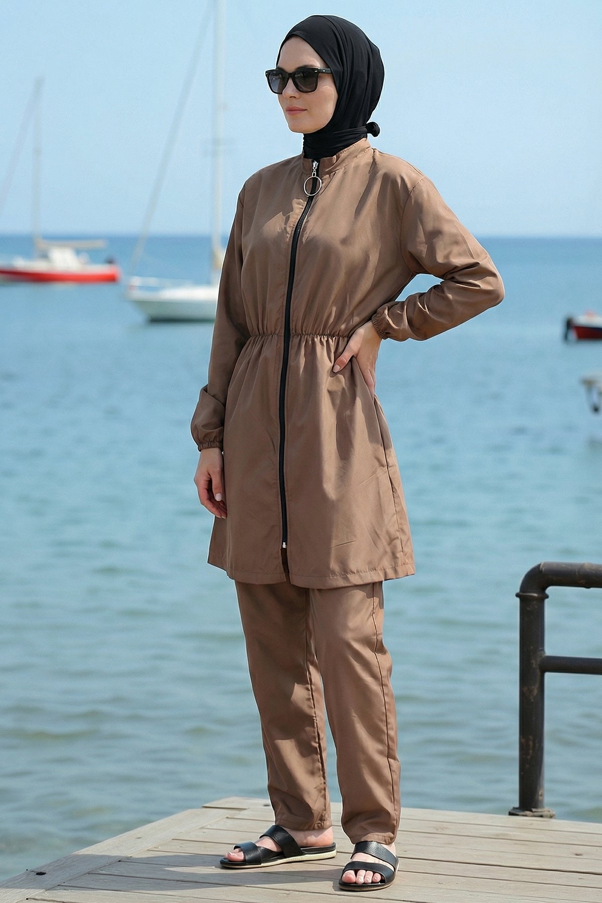 Set of 2 (Top-Bottom) Elastic Waist Magnetic Collar Burkini Quick Drying Hijab Swimsuit