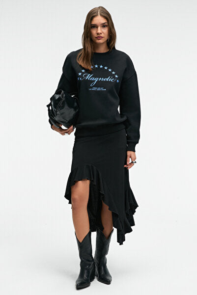 VISTARA Women's Embroidery Detailed Round Neck Regular Fit Black Sweatshirt