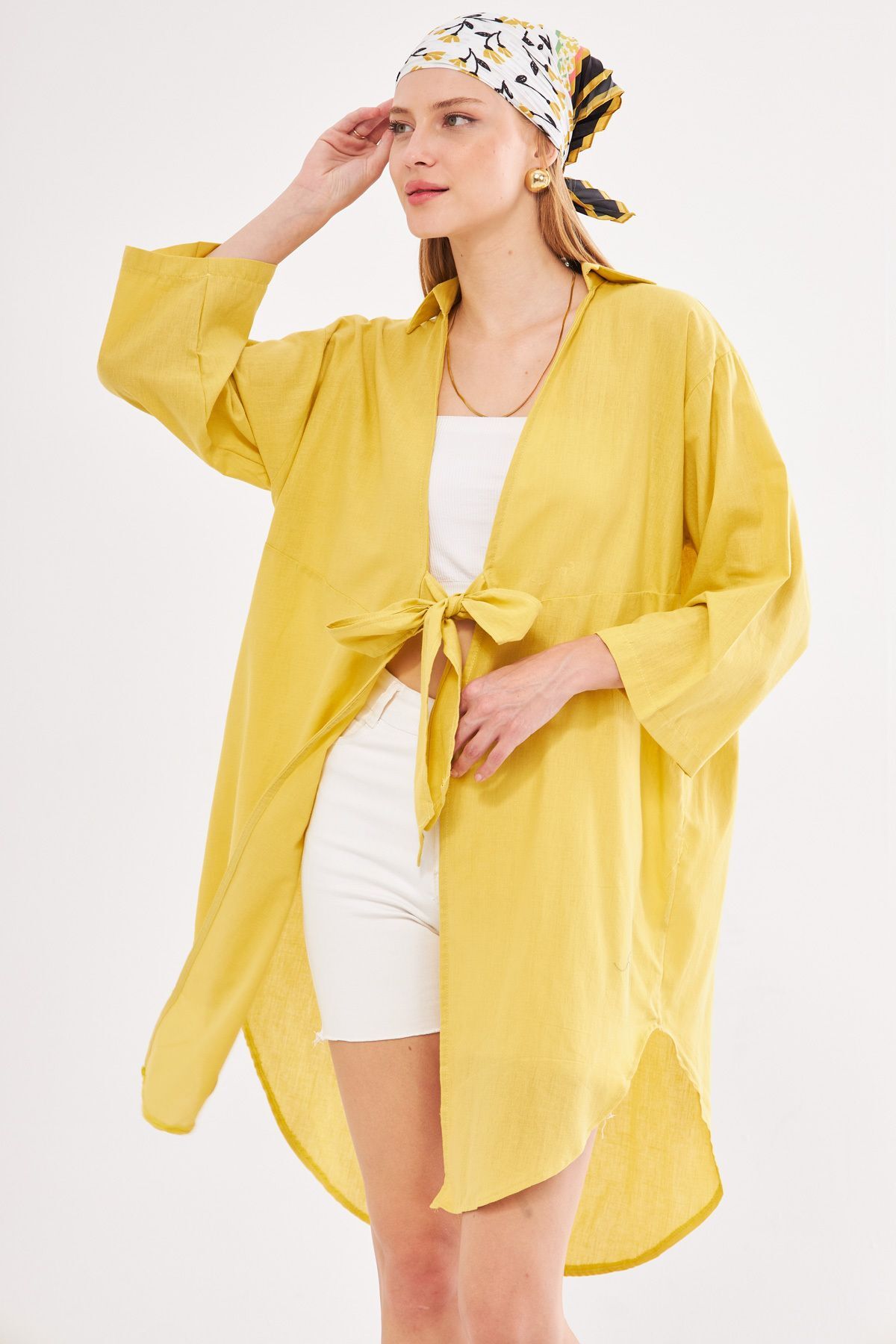 Women's Yellow Front Tie Thin Linen Fabric Midi Length Kimono Shirt ARM-24Y001081