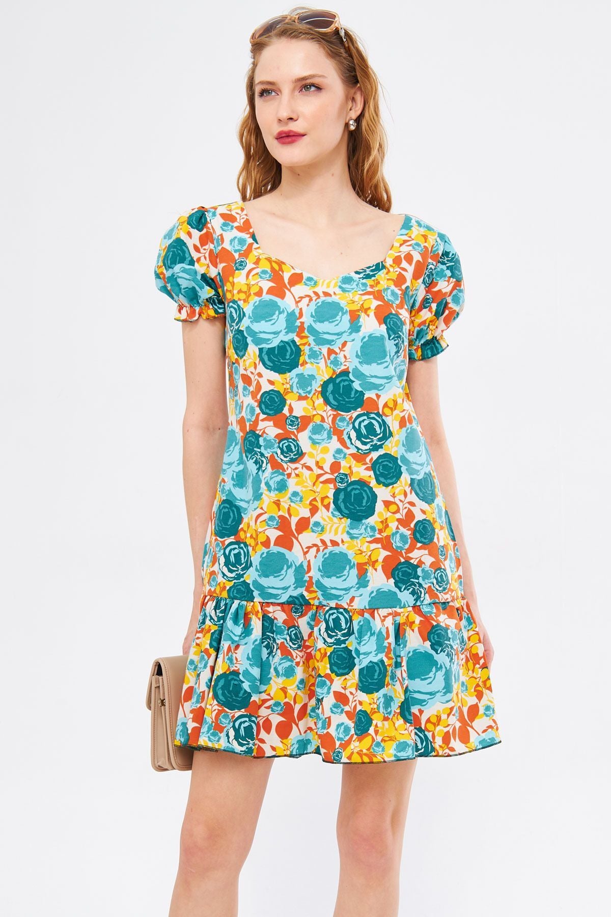 Women's Orange Dekaohto Dress with Elastic Sleeves, Frilly Back, Zippered Skirt, Mini Size ARM-24Y001041