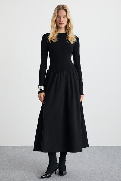 Pani Women's Maxi Length Skirt Part Woven Poplin Flared Top Part Flexible Viscose Elastane Stylish Black Dress