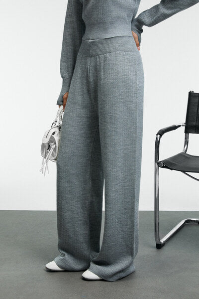 MARIPOSA Women's Round Neck Stripe Patterned Crop Wide Leg Knitwear Grimelange Bottom-Top Set