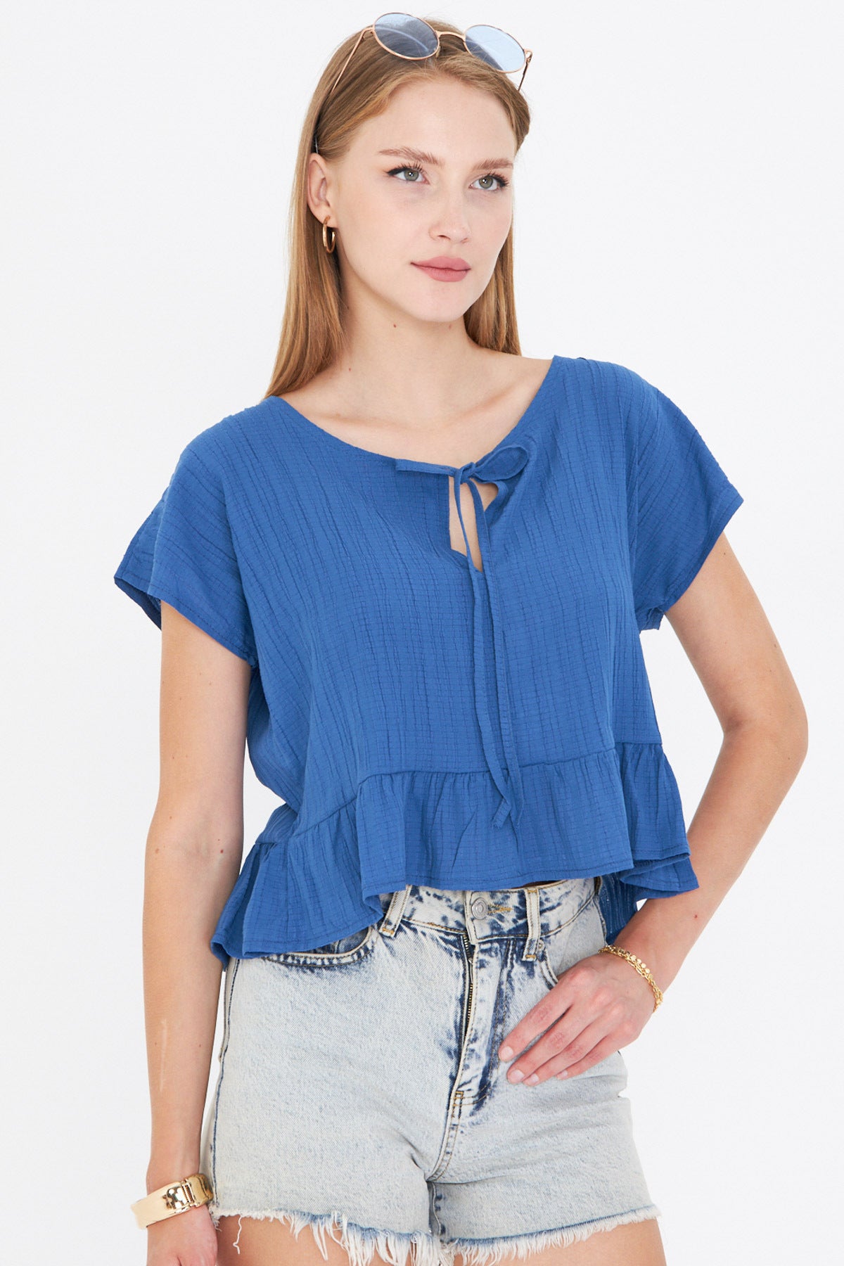 Women's Dark Blue Bat Sleeve Collar Tie-Up Skirt Ruffled Oversize Crop Blouse ARM-24Y001088