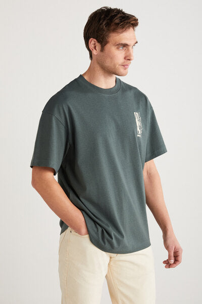 Antonıo Men's 100% Organic Cotton Knitted Oversize Green T-shirt with Print Detail