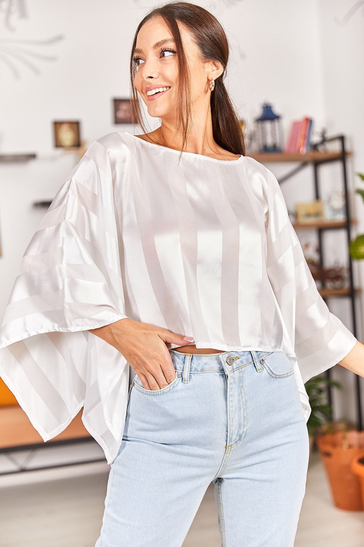 Women's White Satin Thick Striped Casual Crop Blouse ARM-22Y001100