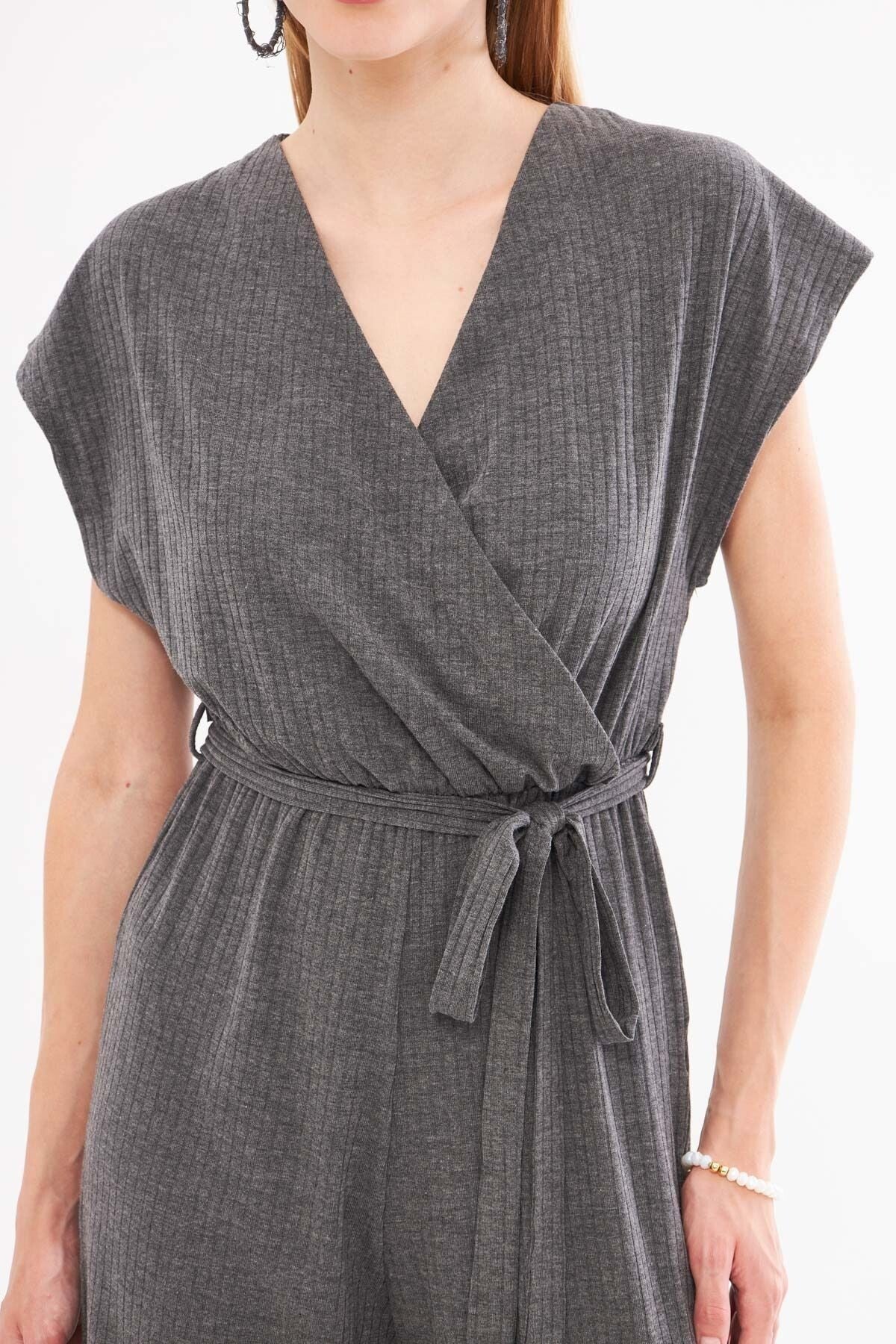 Women's Anthracite Double Breasted Jumpsuit with Belt Waist ARM-20Y042008