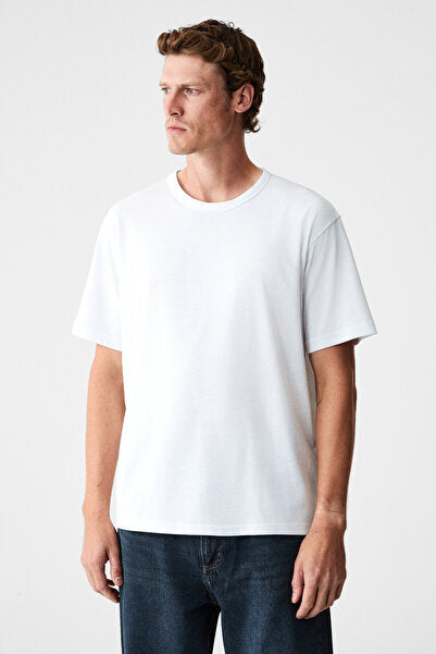 PELTZ Men's Relaxed Crew Neck Short Sleeve White T-Shirt