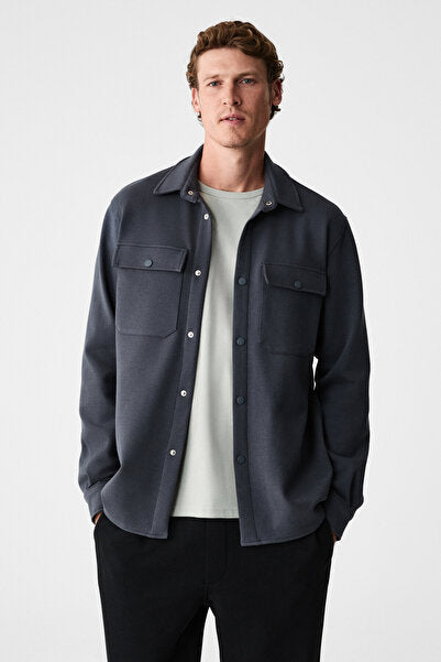 MAZE Men's Special Textured Thick Fabric Anthracite Jacket with Pockets and Snap Fasteners