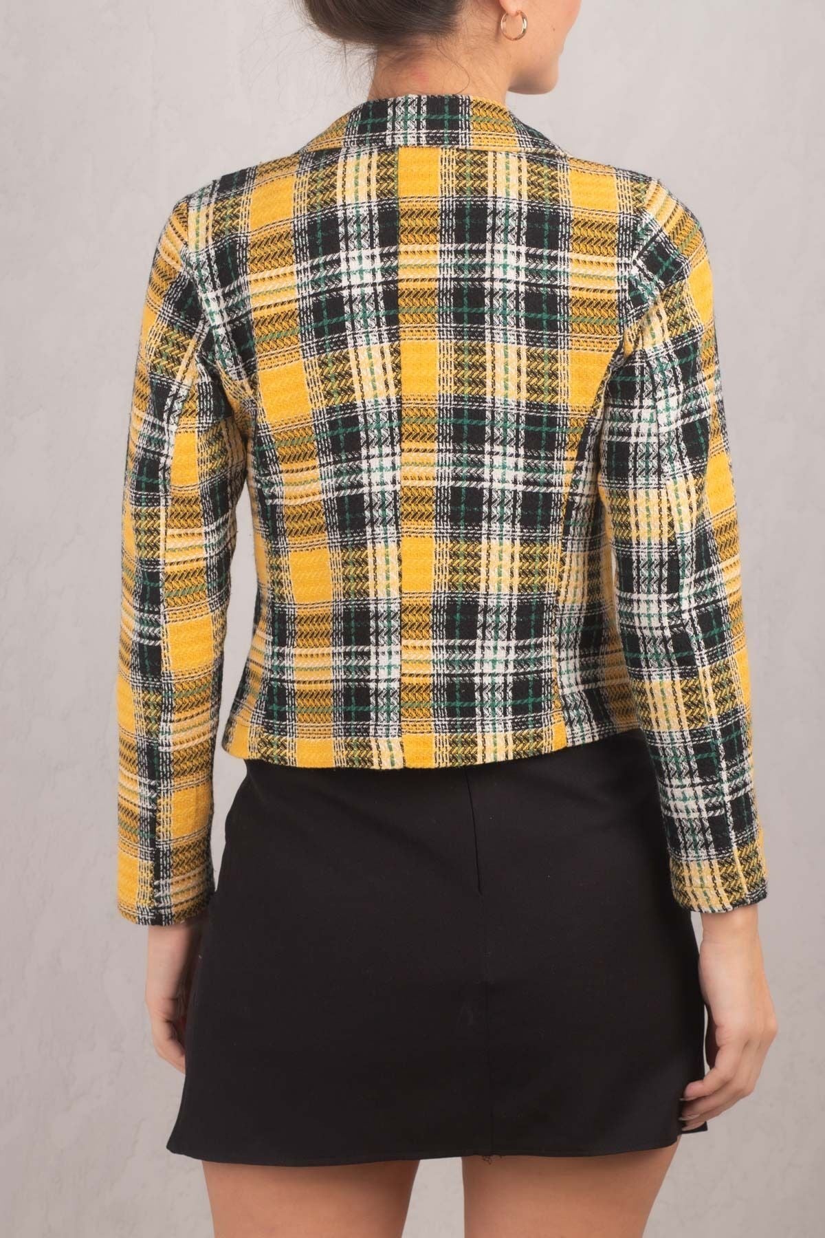 Women's Yellow Double Breasted Collar Tweed Crop Jacket ARM-24K001014