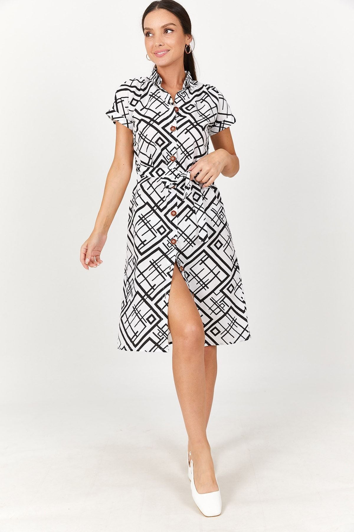 Women's White Square Pattern Tie Waist Belted Short Sleeve Shirt Dress ARM-22Y001084