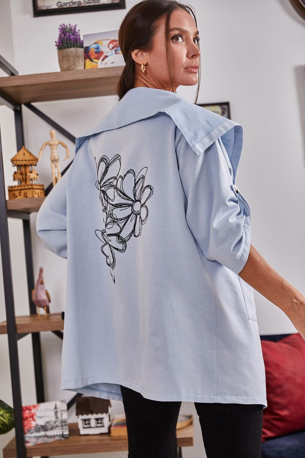 Women's Baby Blue Floral Printed Seasonal Jacket ARM-20K024030