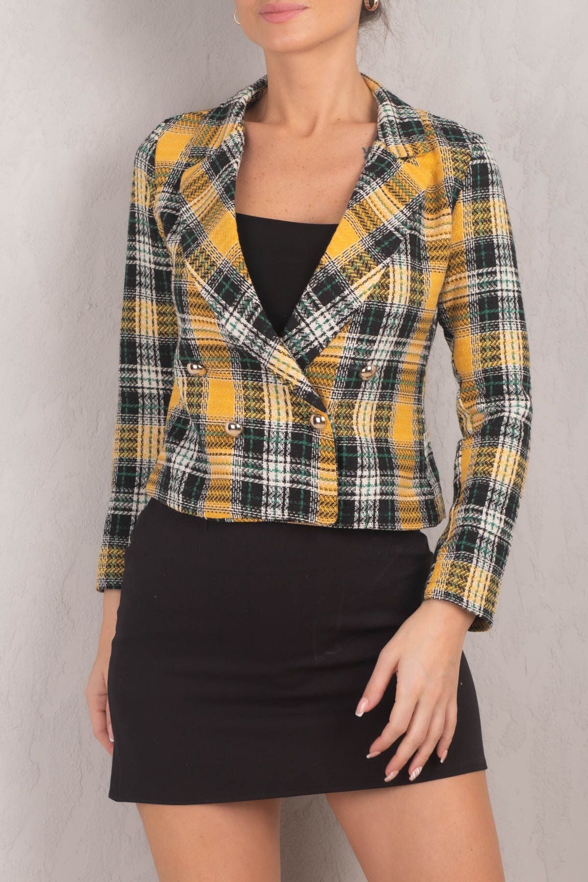 Women's Yellow Double Breasted Collar Tweed Crop Jacket ARM-24K001014