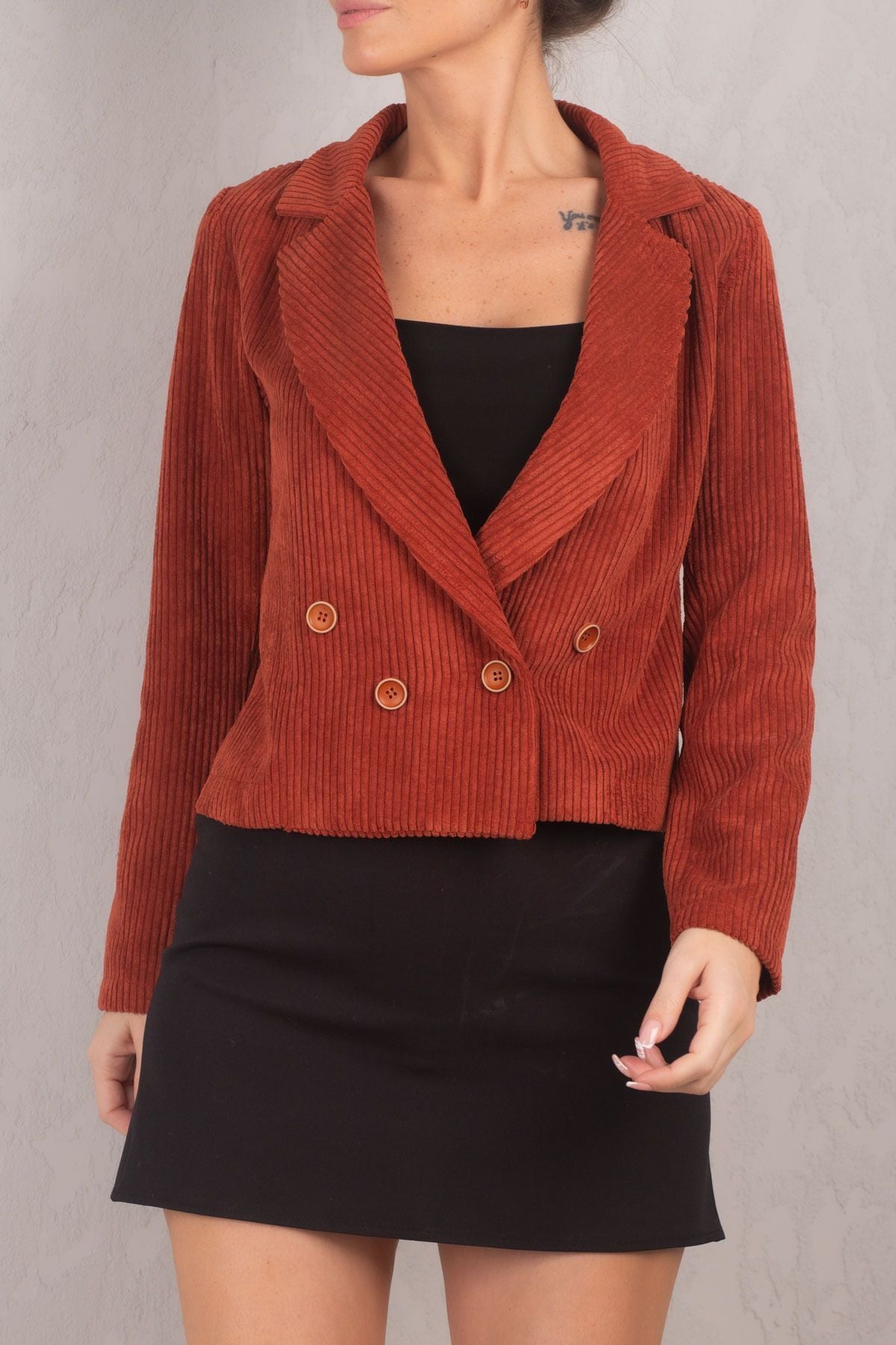 Women's Tile Double Breasted Collar Velvet Crop Jacket ARM-24K001059