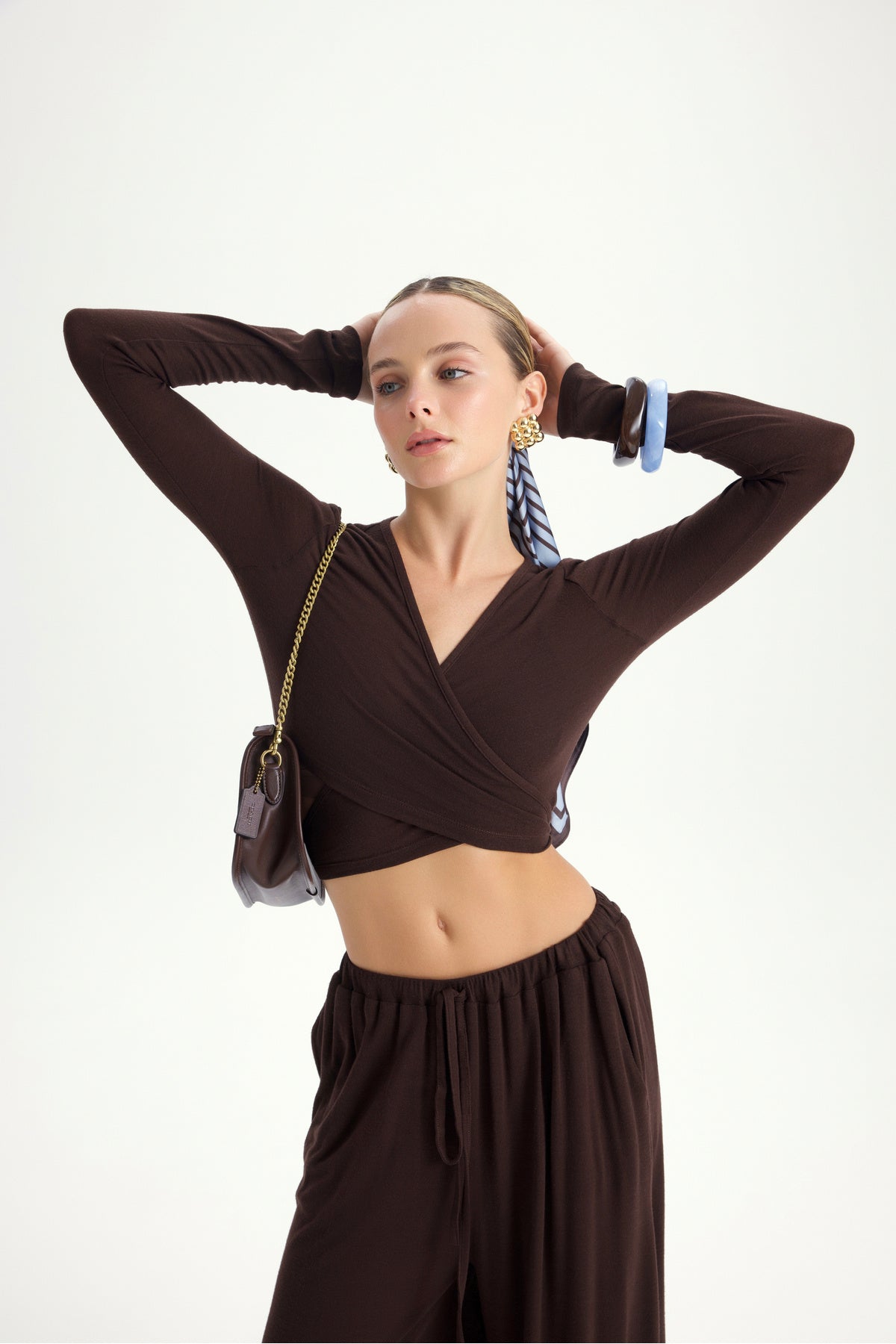 Brown Crop Shalwar Trousers Set with Vena Tie